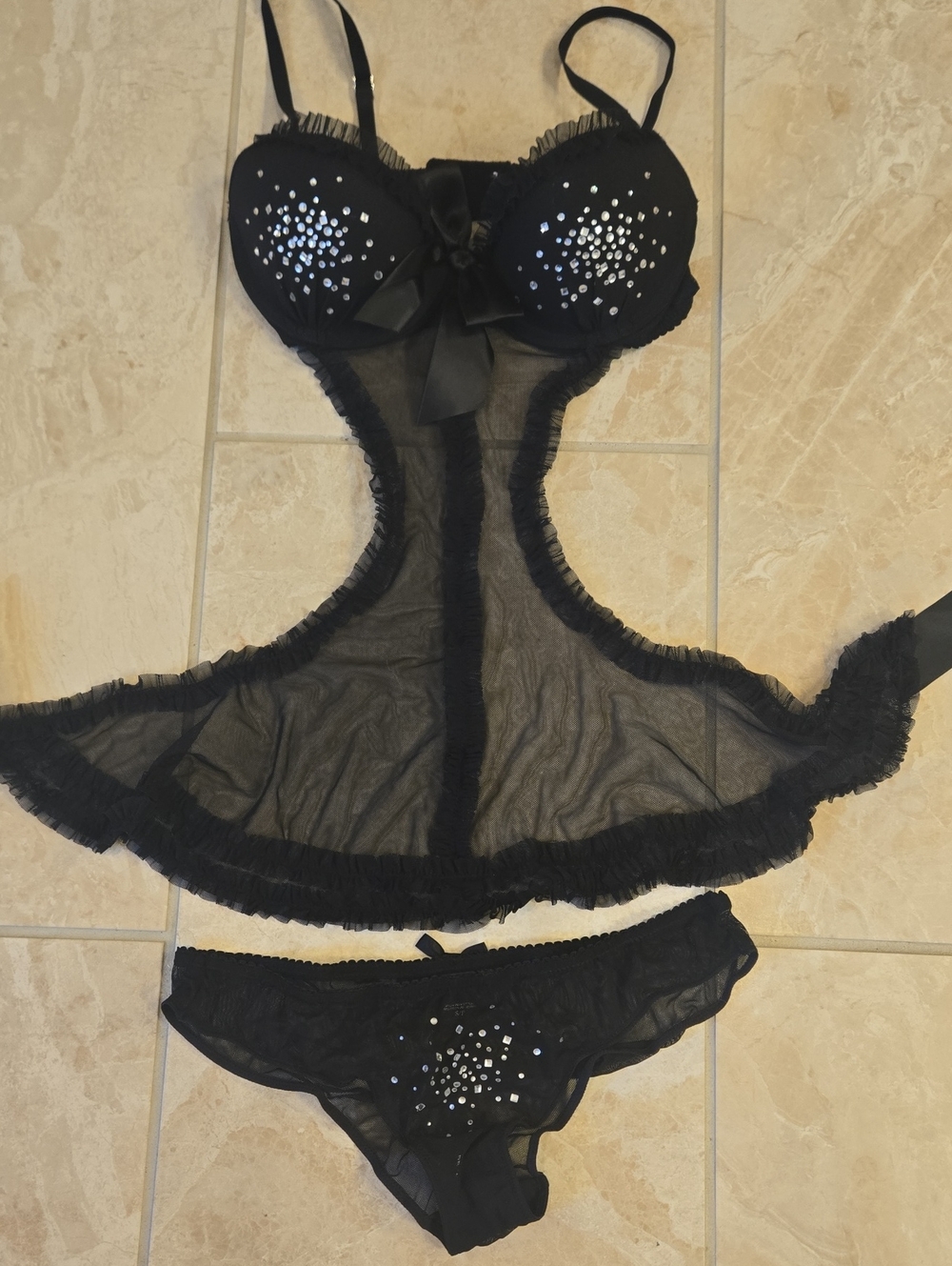 Victoria's Secret Black Sheer Rhinestone Babydoll with Matching Panty